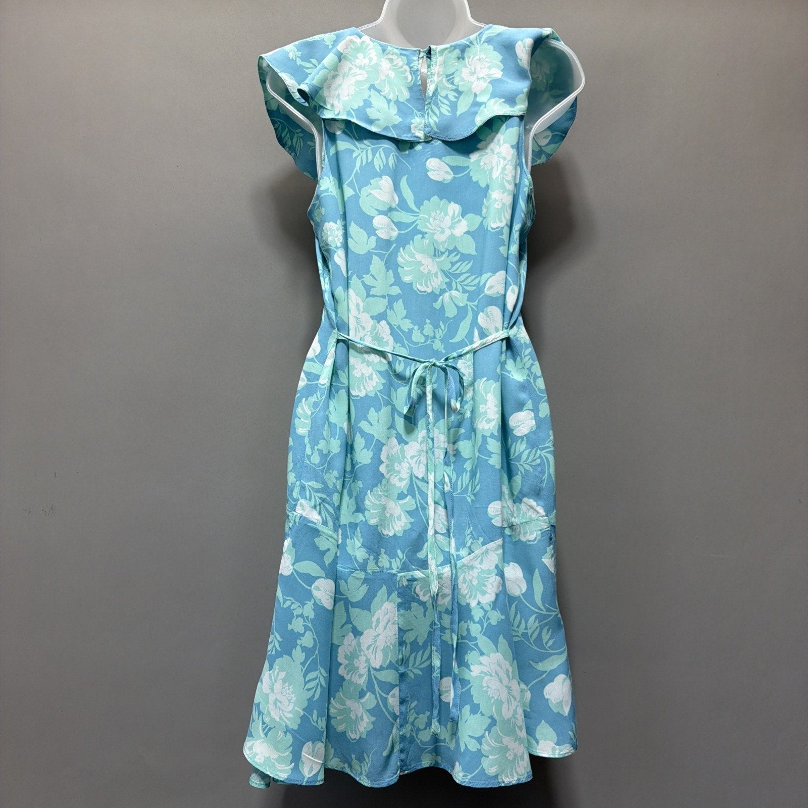 Calvin Klein Floral Challis Ruffle Hem Dress Women's Size 8 Mykonos Blue