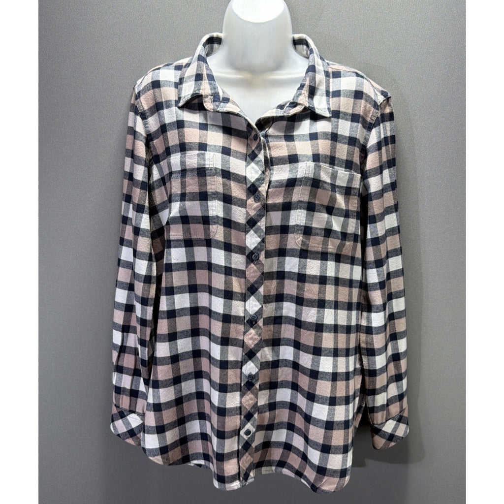 Athleta Pink Navy Lumberjilll Cotton Blend Plaid Button Down Shirt Size M