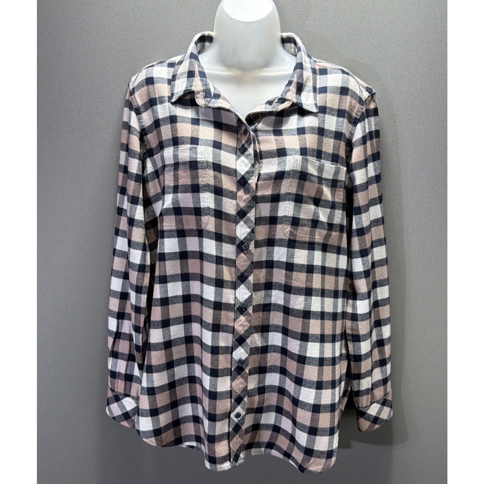 Athleta Pink Navy Lumberjilll Cotton Blend Plaid Button Down Shirt Size M