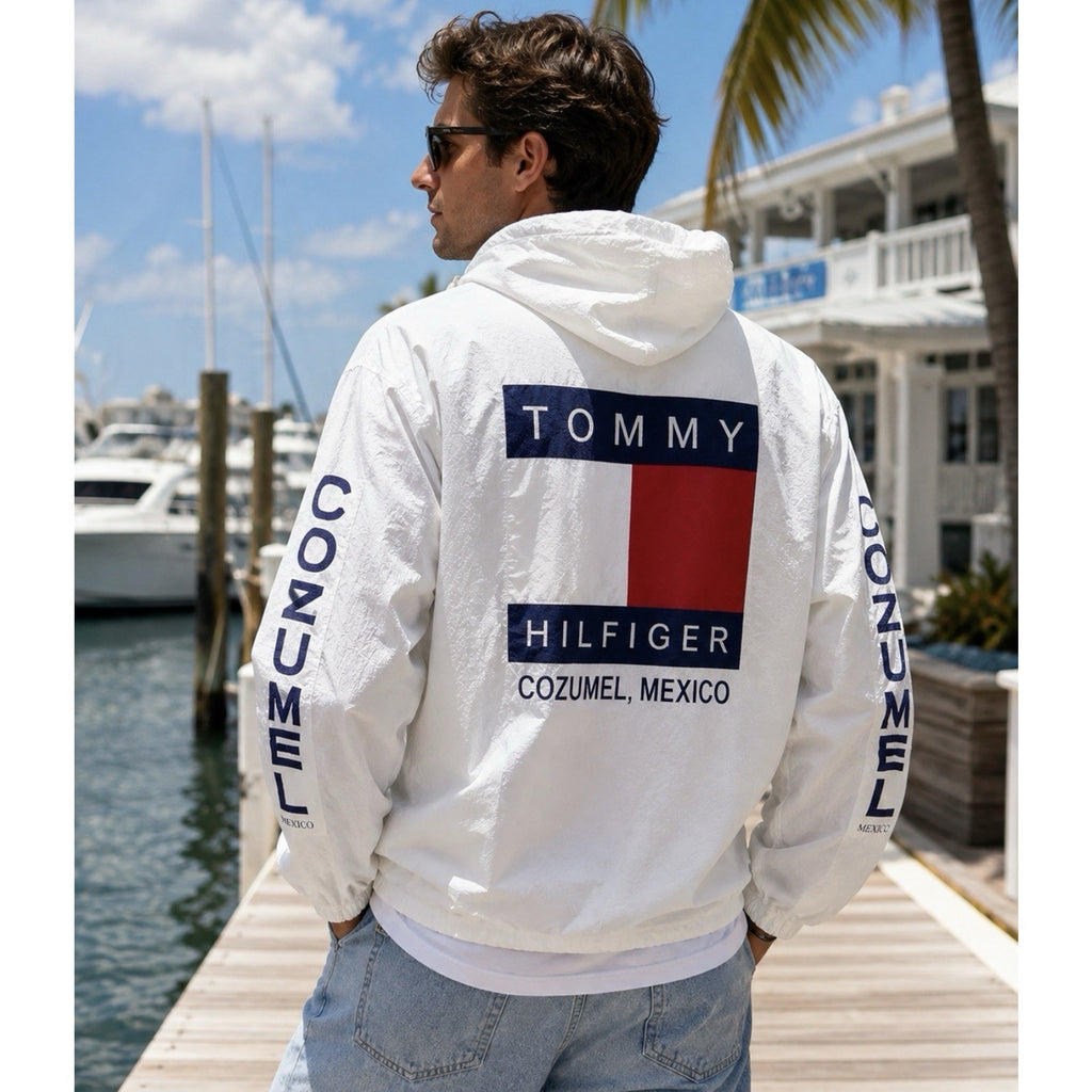 Vintage Tommy Hilfiger Cozumel Mexico Jacket White Hooded Windbreaker Flag Logo