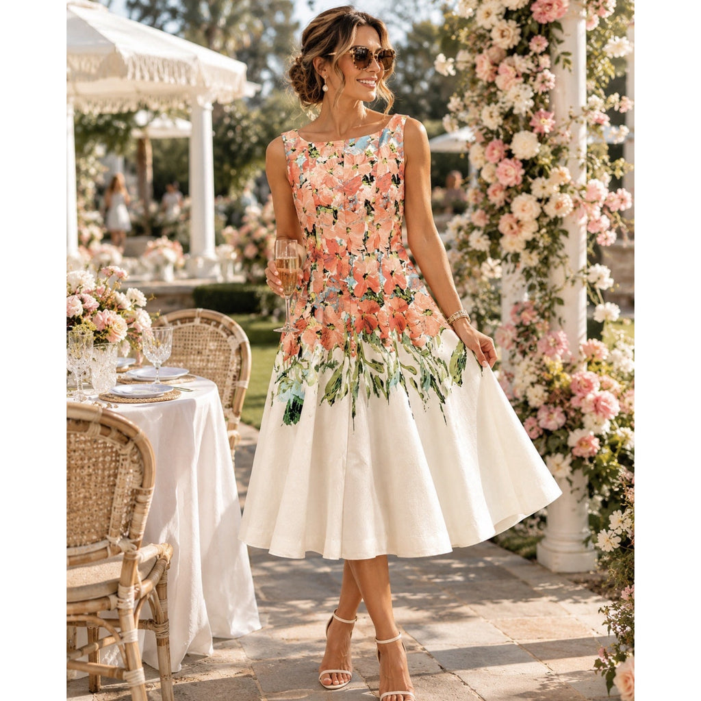 NWT Danny And Nicoles Ivory/Coral Floral Sleeveless Fit & Flare Dress Sz 12, $72