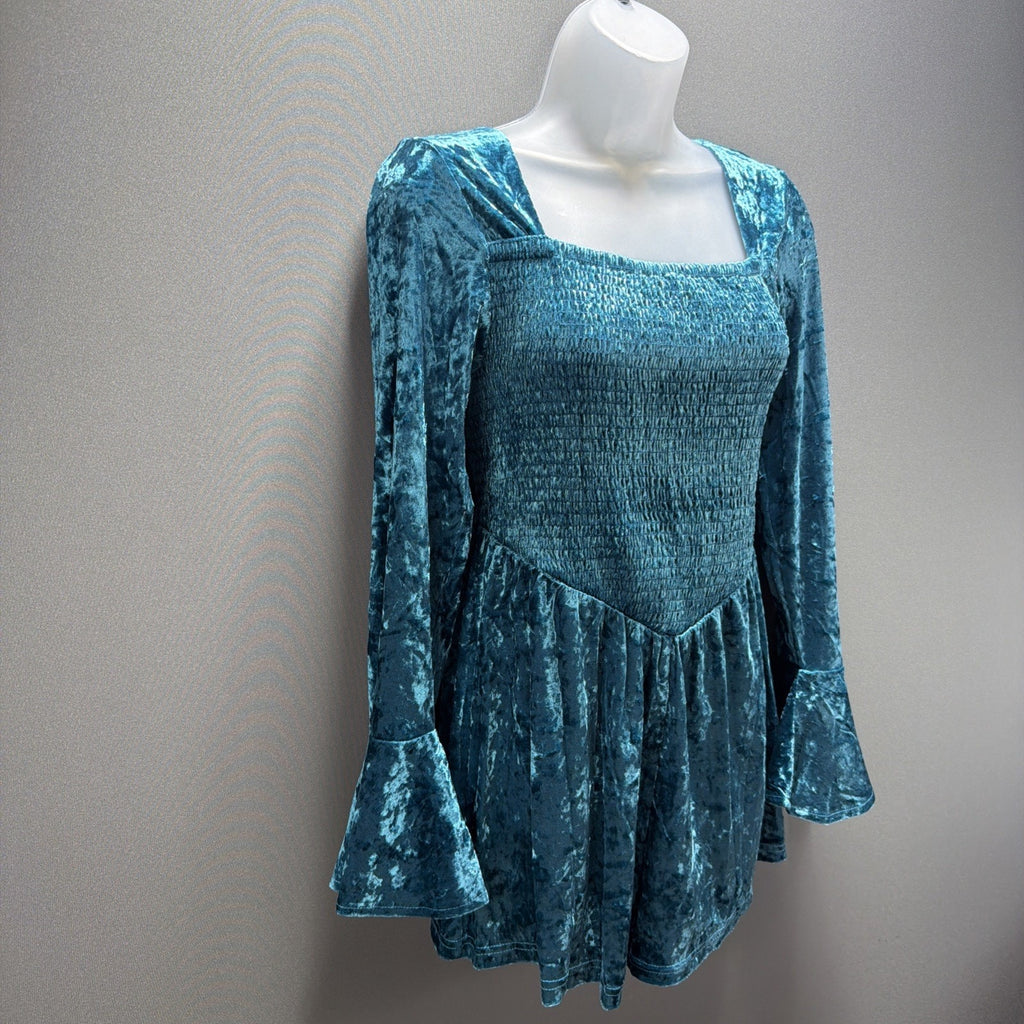 New! Kori America Romper Turquoise Velvet Bell Sleeve Mermaidcore Small Stretch