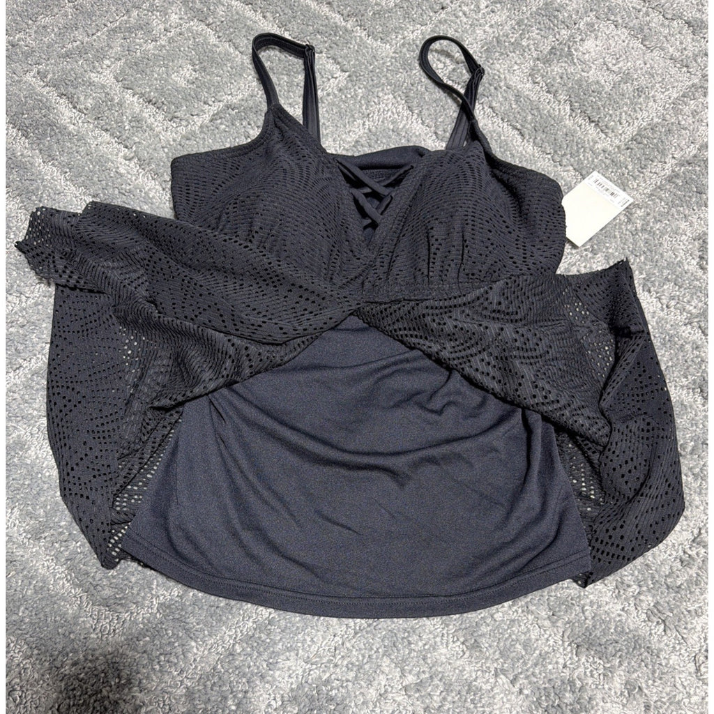 Croft And Barrow Womens Black Eyelet Lace Tankini Top Crochet beach Resort S New