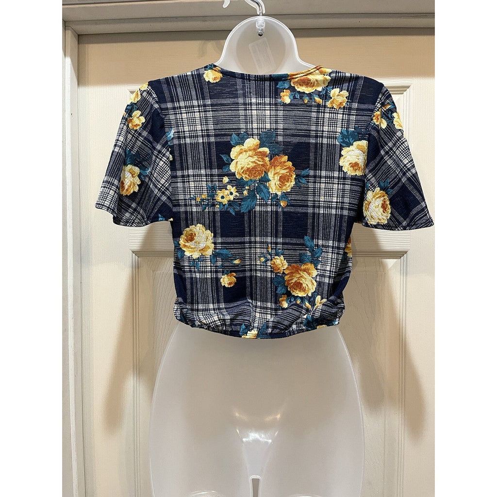 Discreet Blue Plaid Floral V-Neck Short Sleeve Crop Top Women's Size Small
