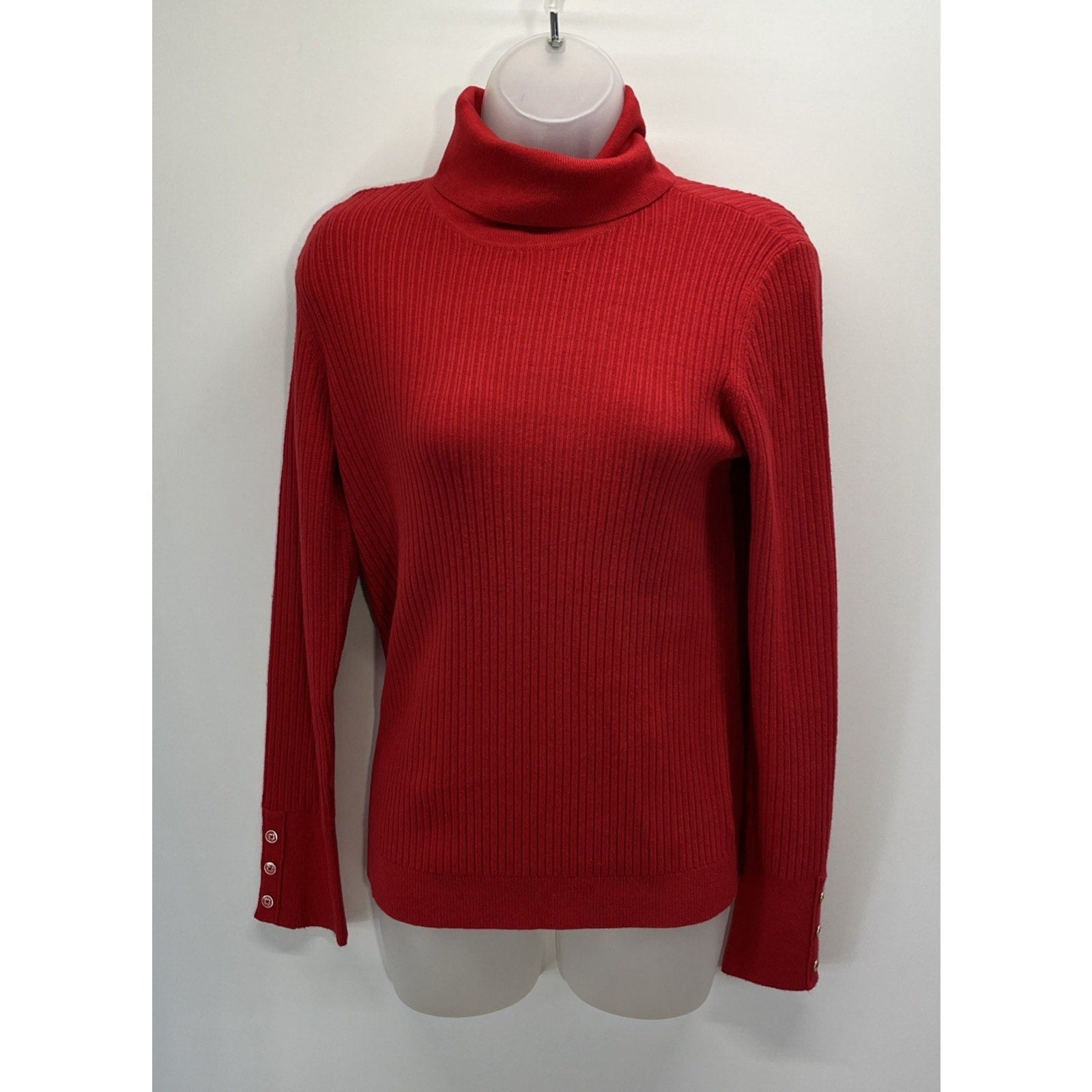 TALBOT'S Red Sweater Long Sleeves & Buttons Turtleneck Ribbed Knit Stretch S