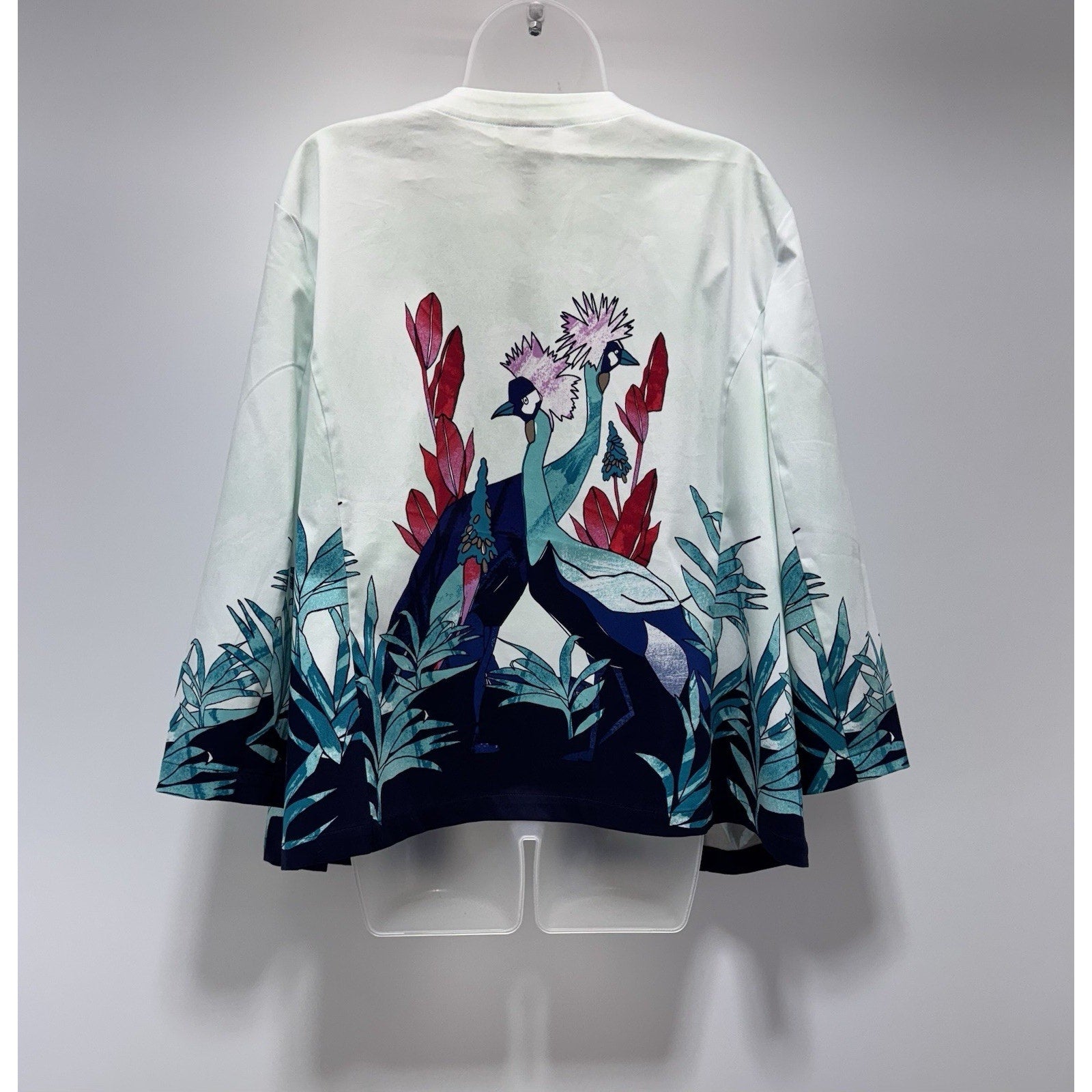Chicos Crown Crane Bird Floral Print Open Front Jacket 3/4 Sleeves Women’s 4 XXL