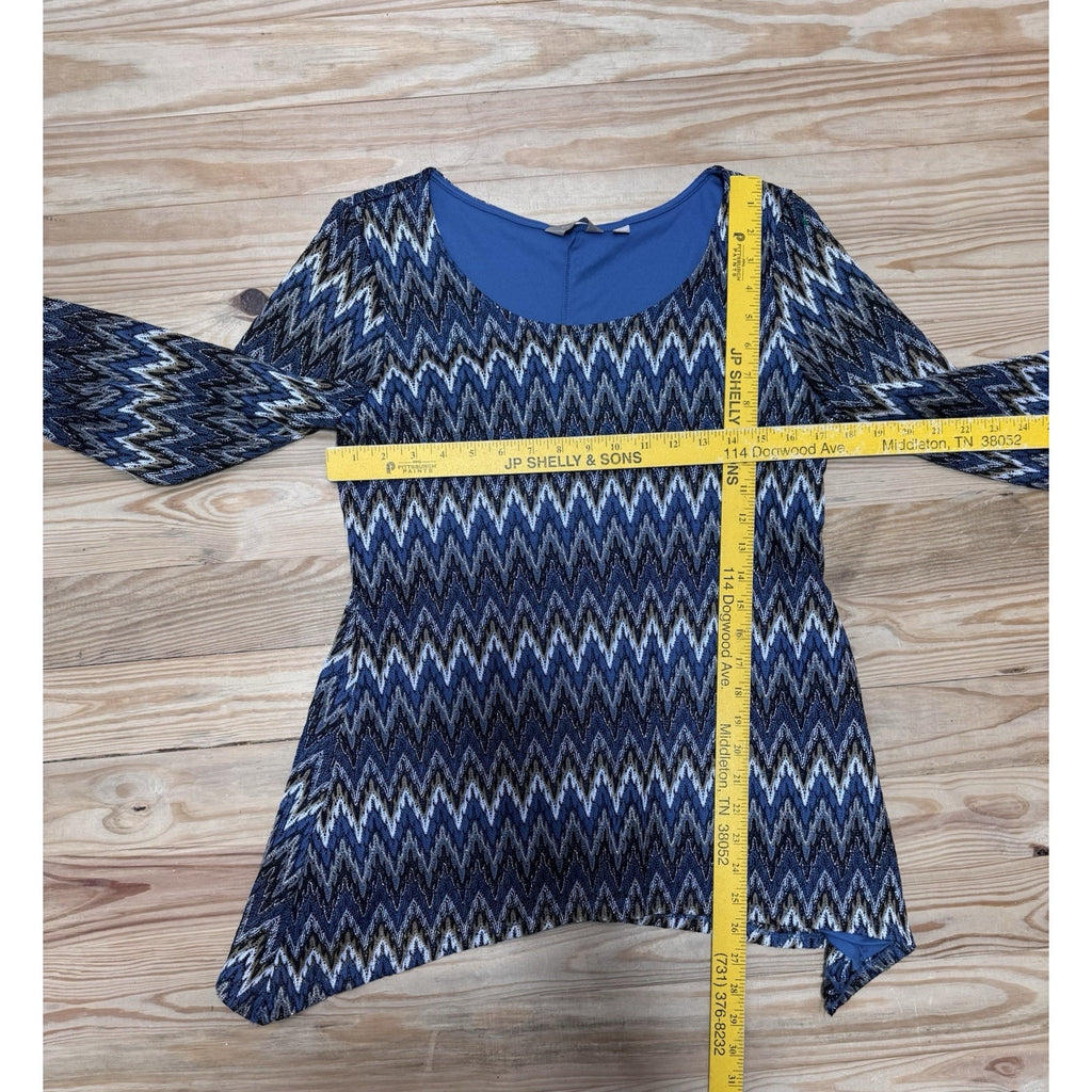 Coral Bay Blue Gold Zig Zag Print Woven Mid Sleeve Tunic Top Size Medium