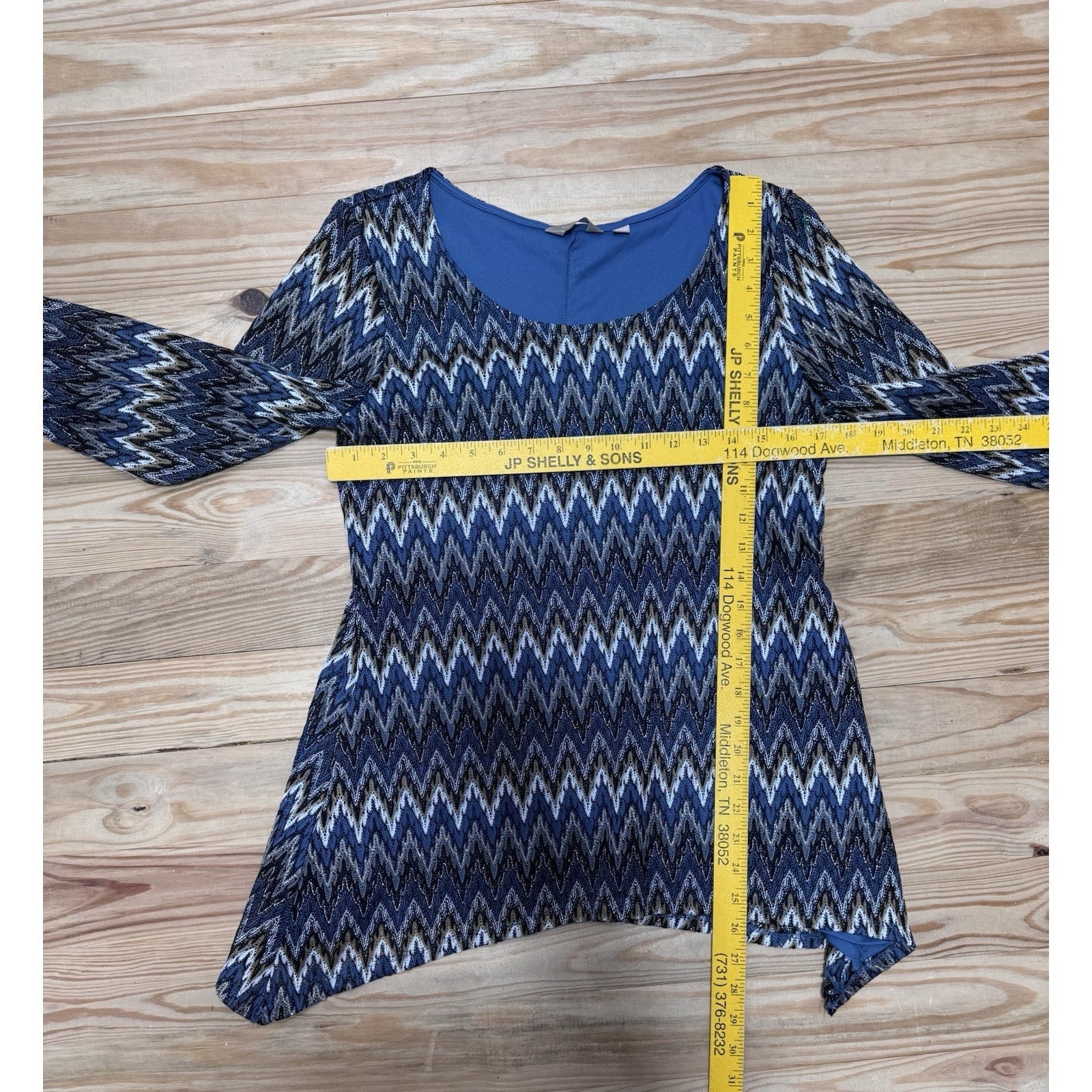 Coral Bay Blue Gold Zig Zag Print Woven Mid Sleeve Tunic Top Size Medium