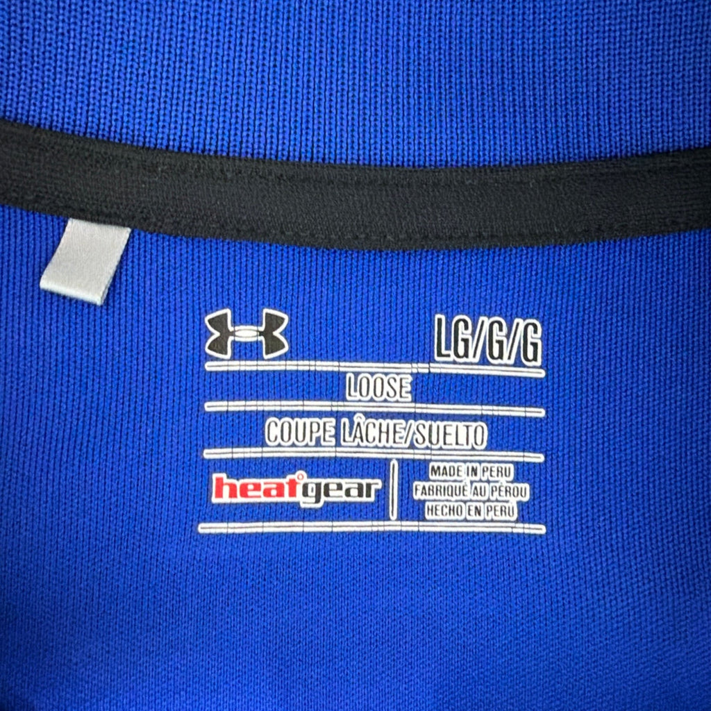 Under Armour Polo Shirt Mens L Blue Solid HeatGear Logo Golf Rugby Adult
